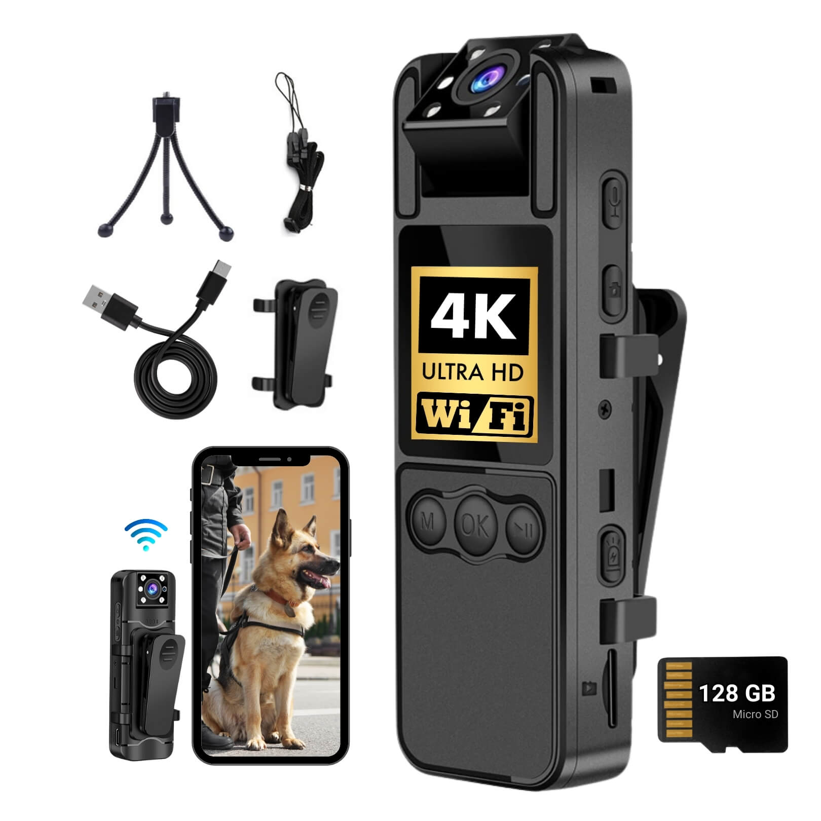 Body Camera Ultra HD with Audio and Video Recording 4K, Includes 128GB, WiFi Body Camera, Body Worn Camcorder, 6HR Battery, Night Vision, 180° Rotating Lens for Sports, Security and Civilians