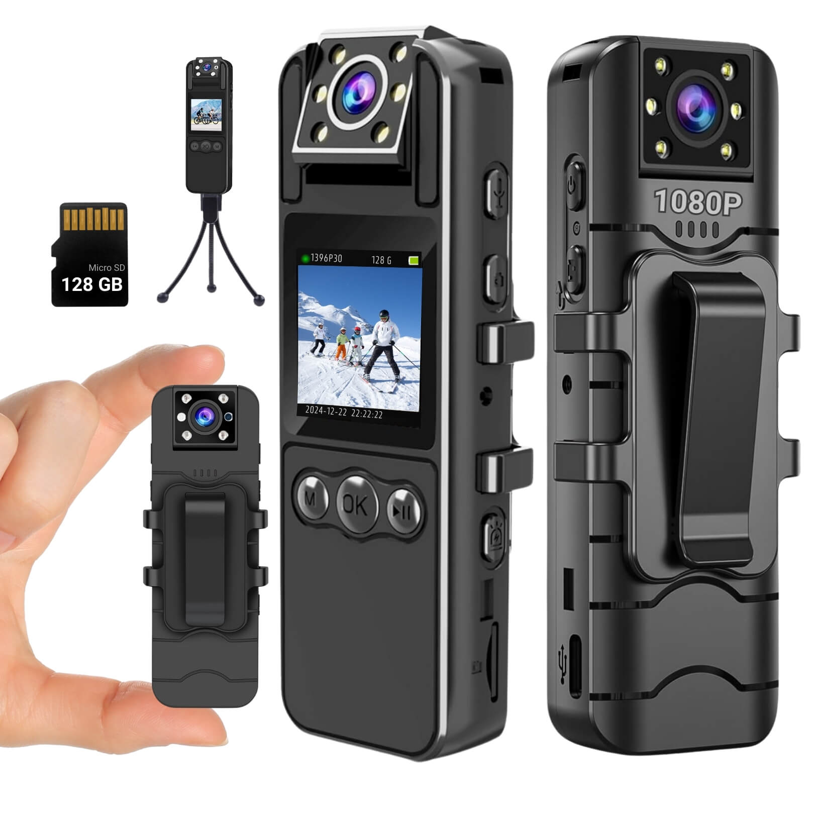 Body Camera HD with Audio and Video Recording 1080P, Includes 128GB, Body Worn Camcorder, 6HR Battery, Night Vision, 180° Rotating Lens for Sports, Security and Civilians - Copy