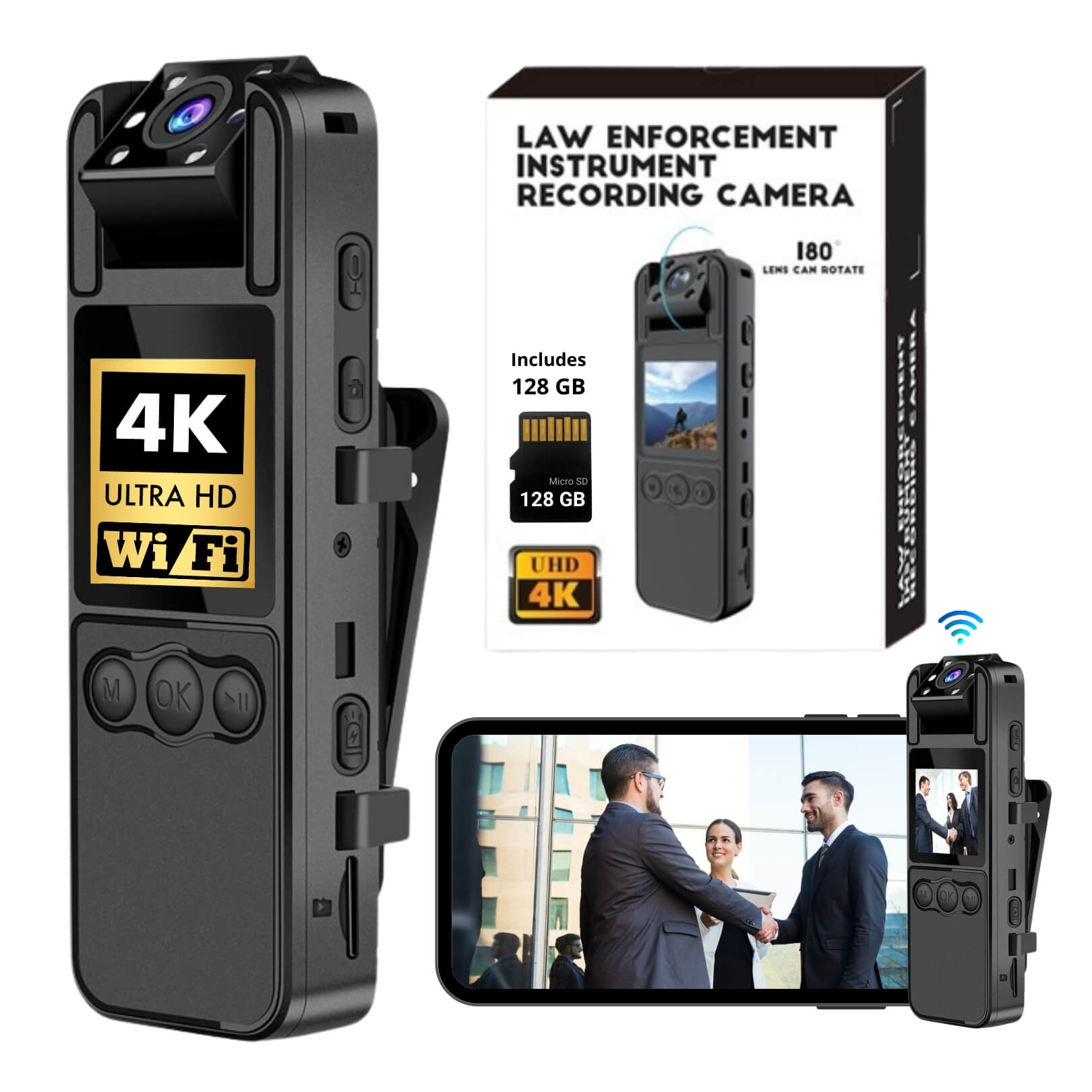 Body Camera Ultra HD with Audio and Video Recording 4K, Includes 128GB, WiFi Body Camera, Body Worn Camcorder, 6HR Battery, Night Vision, 180° Rotating Lens for Sports, Security and Civilians